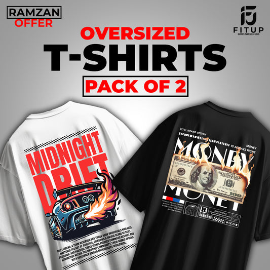 Upgrade your wardrobe with the Pack of 2 Oversized Printed T-Shirts by Fitup—a perfect blend of style and comfort. This set includes oversized t-shirts featuring bold and trendy graphic t-shirts inspired by sports, astronauts, and street fashion. Made from premium fabric, these printed t-shirts offer a relaxed fit, making them ideal for casual wear. Whether you're into streetwear vibes or space-inspired designs, this versatile pack has you covered.

100% Premium Cotton
Weight - 180 GSM
Screen Print + Puff P