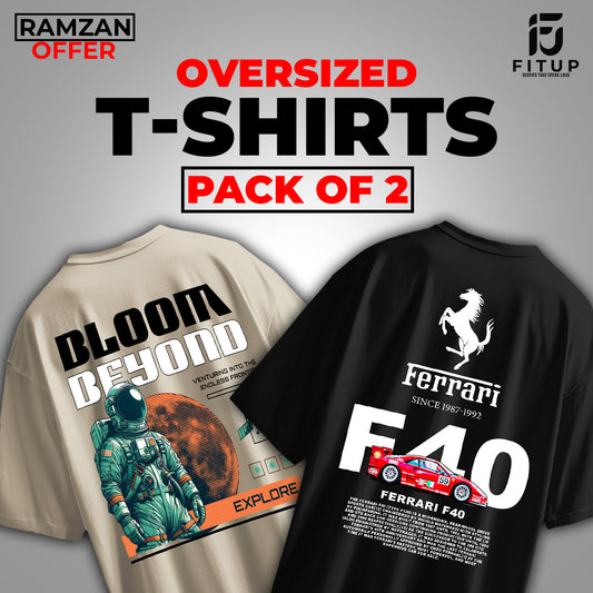 Upgrade your wardrobe with the Pack of 2 Oversized Printed T-Shirts by Fitup—a perfect blend of style and comfort. This set includes oversized t-shirts featuring bold and trendy graphic t-shirts inspired by sports, astronauts, and street fashion. Made from premium fabric, these printed t-shirts offer a relaxed fit, making them ideal for casual wear. Whether you're into streetwear vibes or space-inspired designs, this versatile pack has you covered.