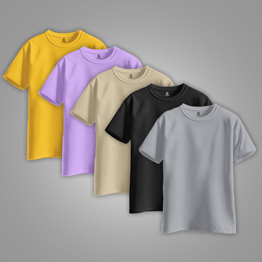 Upgrade your essentials with the Pack of 5 Regular Basic Tee by Fitup. These high-quality plain t-shirts offer a clean, minimal look with a free regular fit that ensures all-day comfort. Whether you're heading out or staying casual, these regular t-shirts are perfect for everyday wear. This&nbsp;basic tee combo from Fitup is a must-have for anyone who values style and simplicity.
