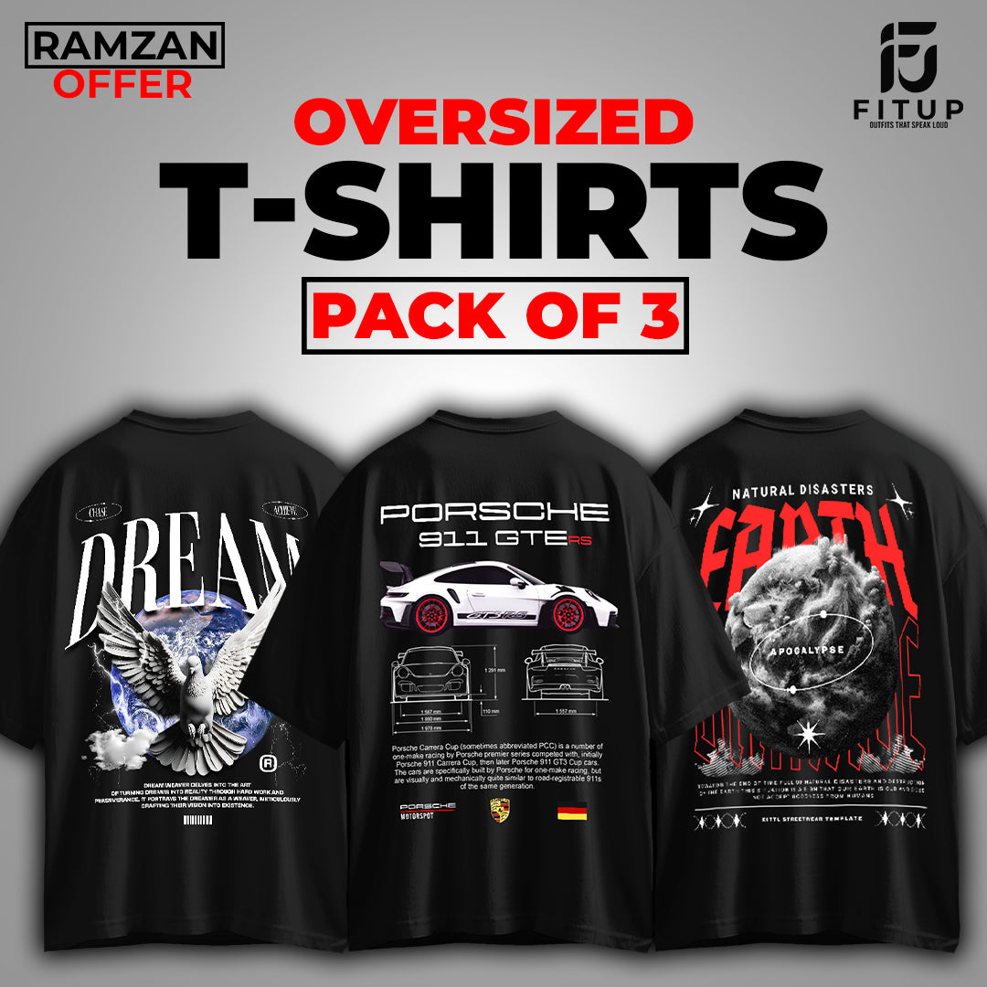 Upgrade your wardrobe with the Pack of 3 Oversized Printed T-Shirts by Fitup—a perfect blend of style and comfort. This set includes oversized t-shirts featuring bold and trendy graphic t-shirts inspired by sports, astronauts, and street fashion. Made from premium fabric, these printed t-shirts offer a relaxed fit, making them ideal for casual wear. Whether you're into streetwear vibes or space-inspired designs, this versatile pack has you covered.